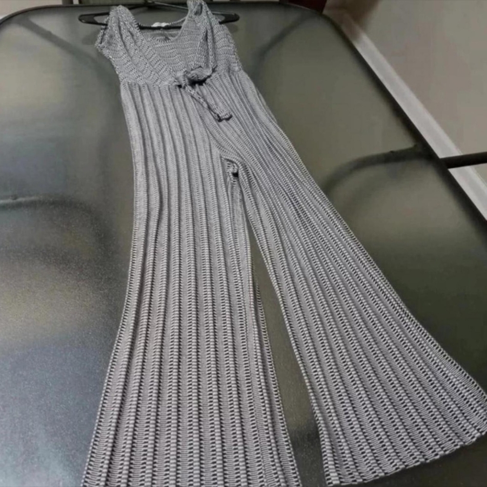 Caution To The Wind Gray Ribbed Knit Jumpsuit Black / White